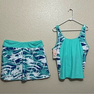My Charmo Teal & Tropical Print Tankini & Swimskirt Set